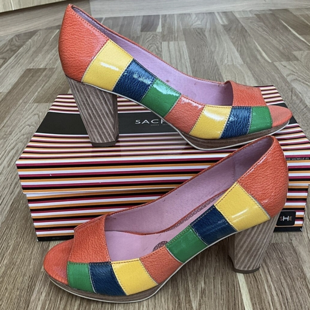 SACHELLE* Orange Blue yellow green peep toe heel w/wooden heel rubber sole sz 37